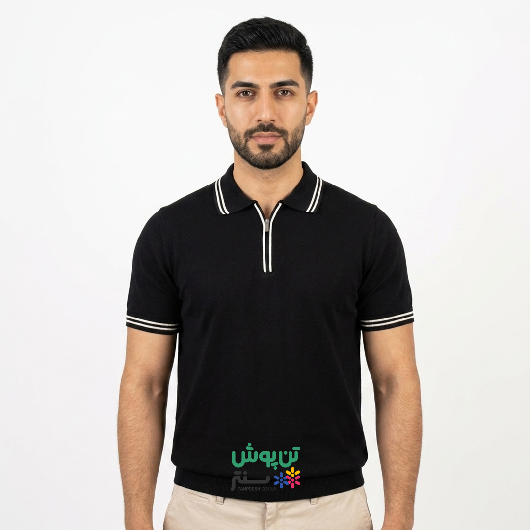 بافت آستین کوتاه یقه دار نیم زیپ منتن MANTEN - مشکی